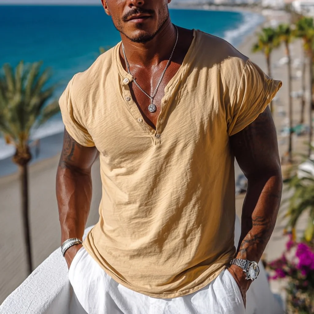  Stylish Henley T-Shirt for Summer Beach Outfits  -inspireuse