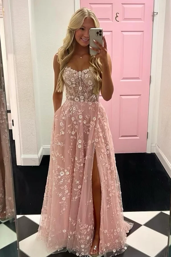 Daisda Glamorous Pink Spaghetti Strap Embroidered Sleeveless Prom Dress