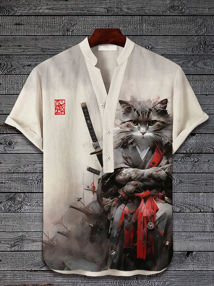 Men's Japanese Warrior Cat Art Print Half Button Shirt