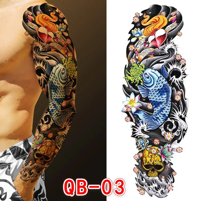 Sdrawing Men Temporary Tattoos Large Arm Sleeve Tattoo Sticker Dragon Tiger Fish Full Skull Totem Wolf Waterproof Fake Tattoo for Women