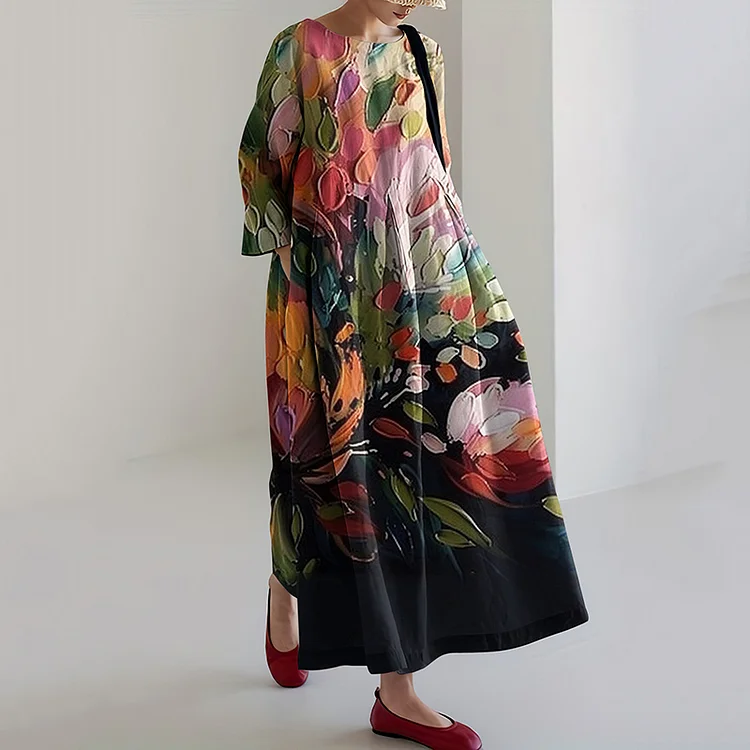 VChics Abstract Oil Painting Flower Print Round Neck Casual Midi Dress