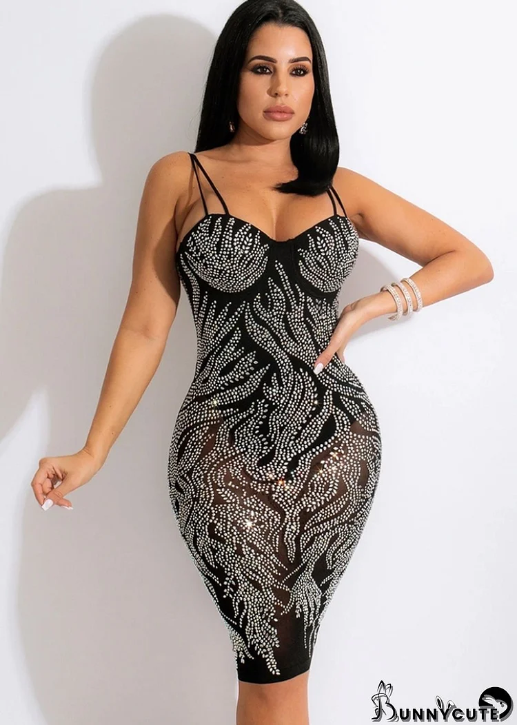 Summer Party Sexy Black Crystal Strap Long Bodycon Dress