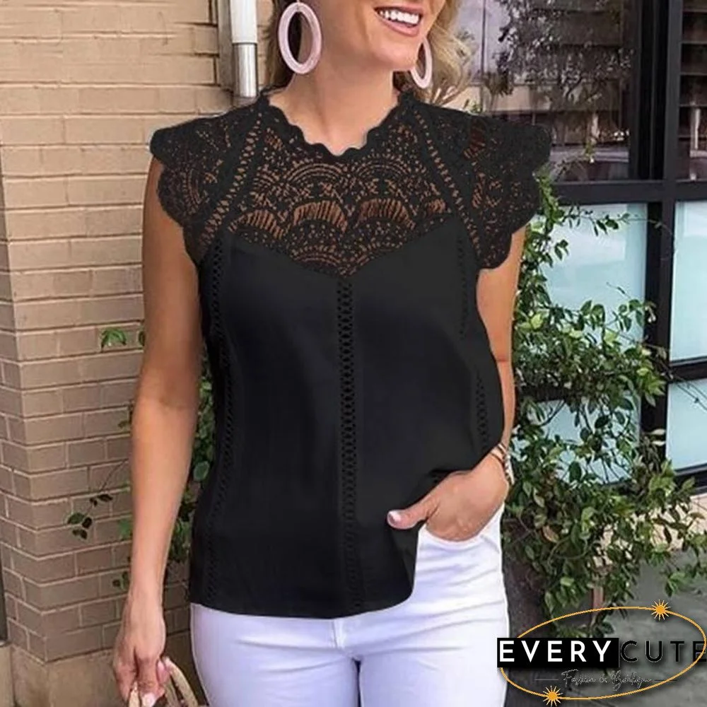Women Blouse Sexy Sleeveless Lace OL Office Ladies Shirt Hollow Party Tops