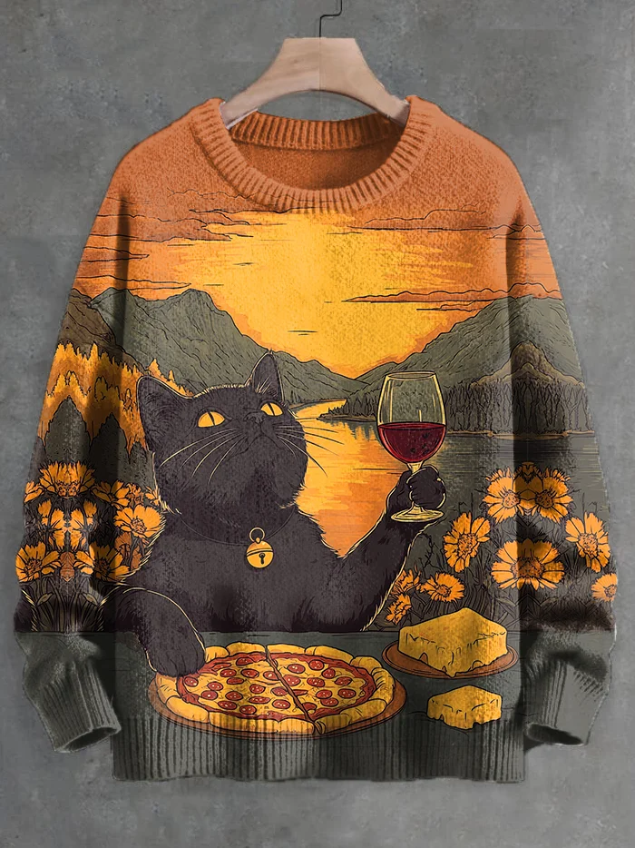 Men's Cat Drinking Wine Pizza Sunset Scenery Print Knit Sweatshirt