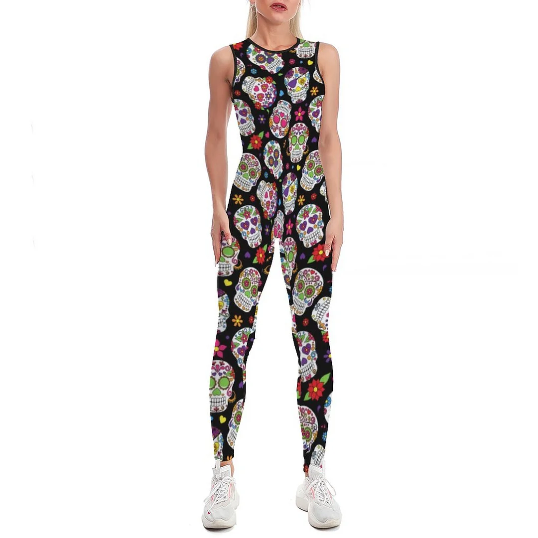 Colorful Sugar Skulls Patterned Bodycon Tank One Piece Jumpsuits Long Pant Retro Yoga Printing Rompers Playsuit for Women