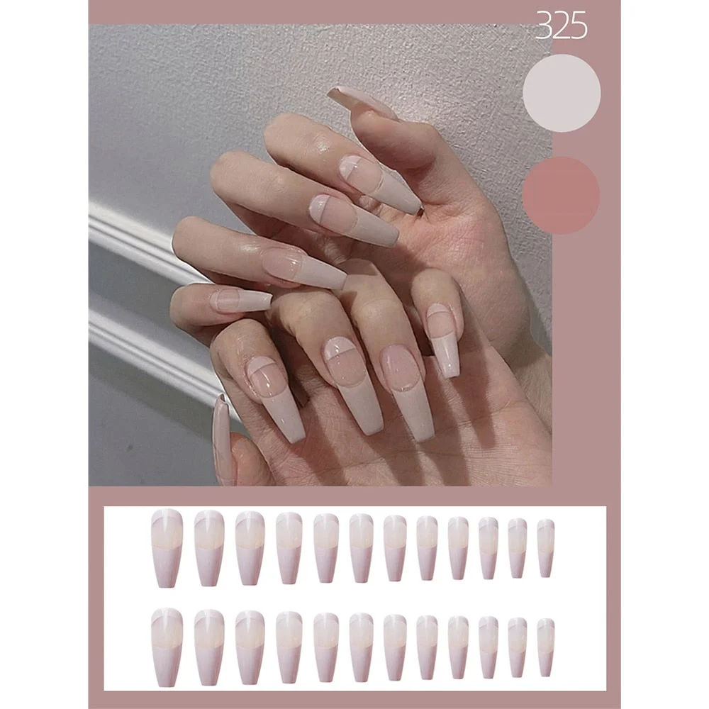 24pcs Fake nails long Frosted V-shaped French wearable false nails Detachable Full Cover with designs Coffin Ballerina Nail-Nail Inspo