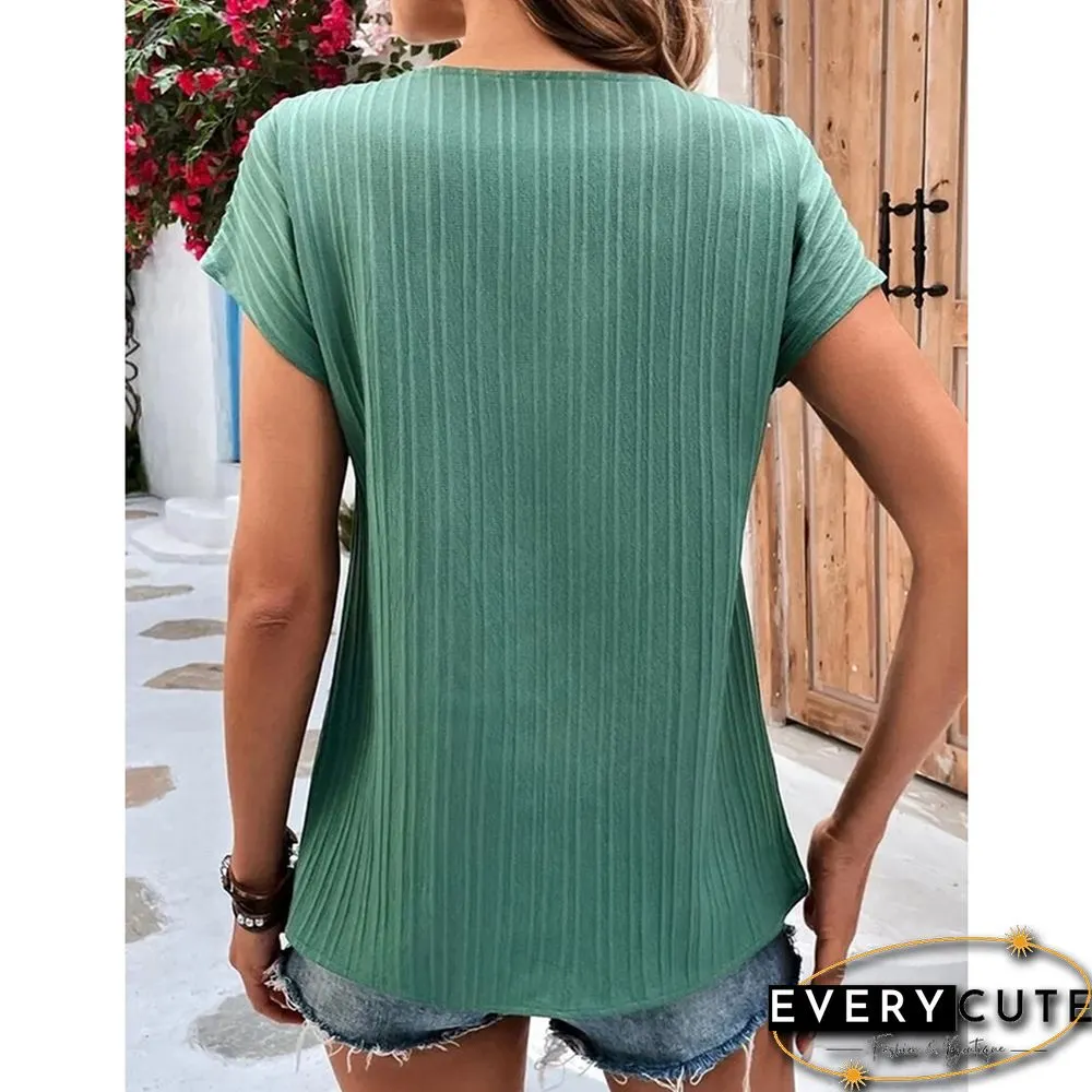 Green Solid Button Neck Short Sleeve Tops