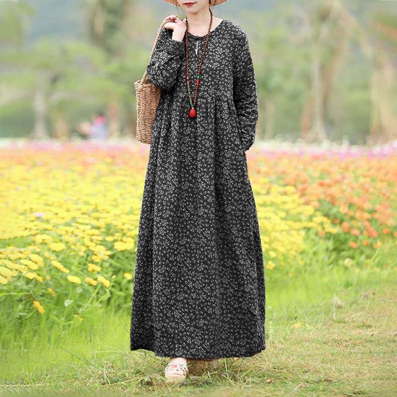 Vintage Women's Printed Dress 2022 ZANZEA Spring Sundress Casual Long Sleeve Maxi Vestidos Female Floral Hollow Robe Oversized