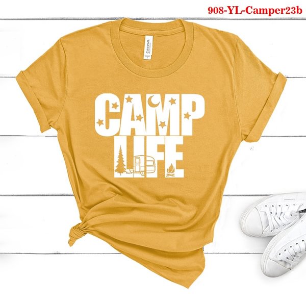 Happy Camper T Shirts Women's Fashion Short Sleeve O-neck T-Shirt Camp Life Printed Funny Tops Summer Tees - Shop Trendy Women's Clothing | LoverChic