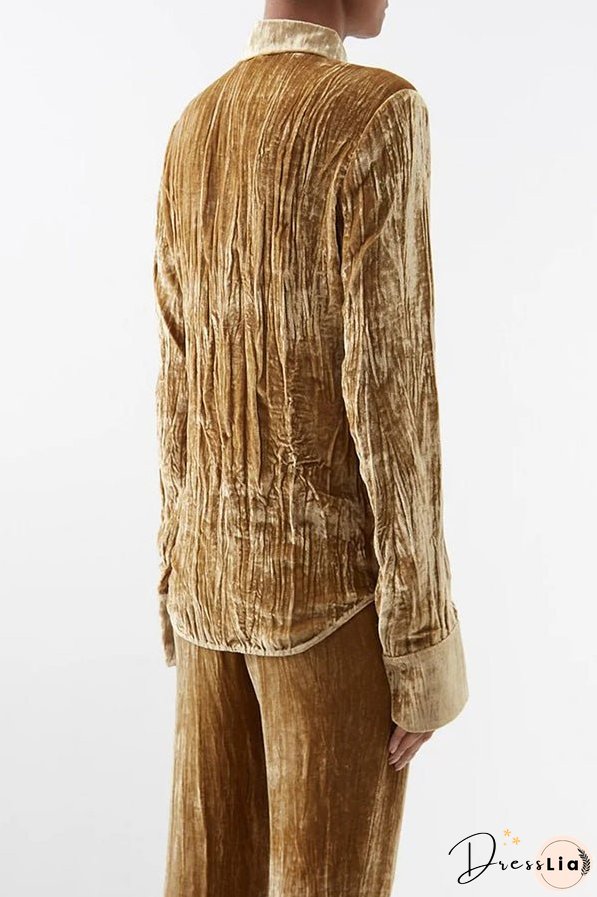 Elegant Textured Turndown Collar Long Sleeve Solid Blouse