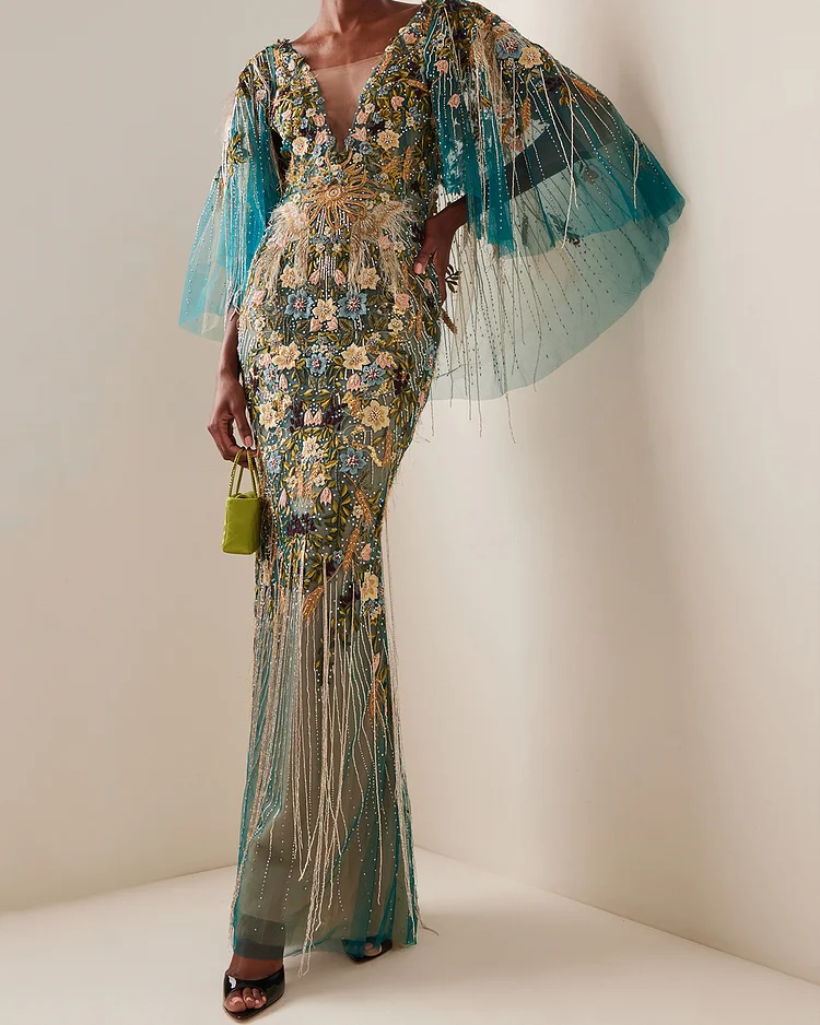 GBeaded Fringe Tulle Gown