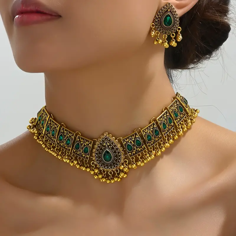 bollywood style 1 pair of earrings 1 necklace vintage jewelry set retro design inlaid gemstone match daily outfits party accessories details 1