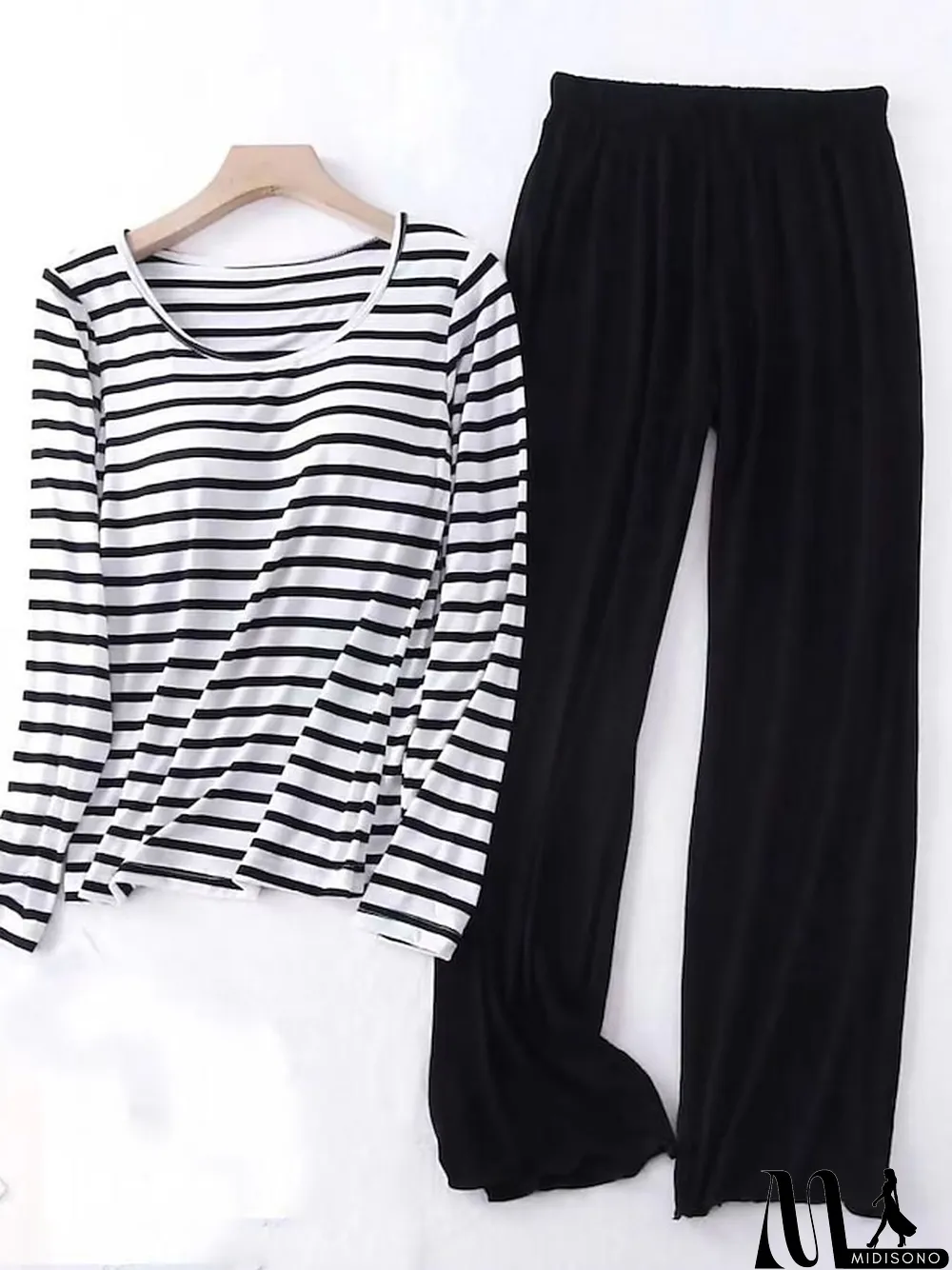 MidiSono - Women's Loungewear Sets 2 Pieces Stripe Fashion Casual Comfort Street Daily Date Polyester Breathable Crew Neck Long Sleeve Pant Summer Spring Black Pink