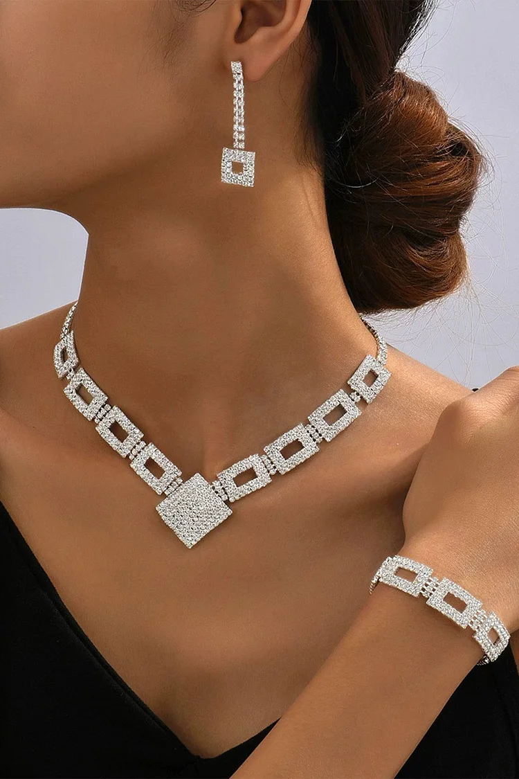 Wedding Rhinestone Geometric Square Earrings Bracelet Necklace Jewelry Set 2024 - Xpluswear