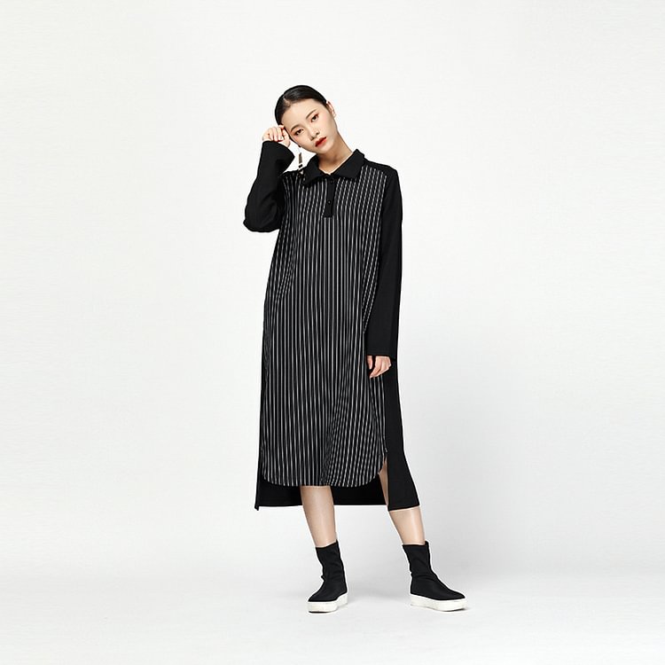 Street Loose Turn-down Collar Striped Patchwork Long Sleeve Dress 