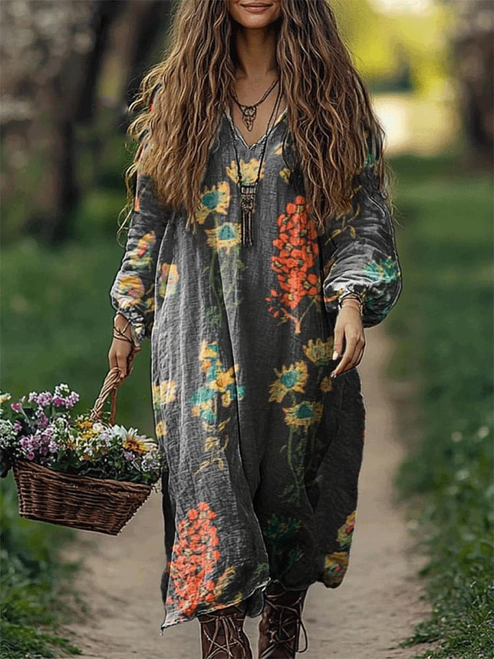 Women's Vintage Flowers Art Pattern Print Loose V Neck Pocket Cotton Dress