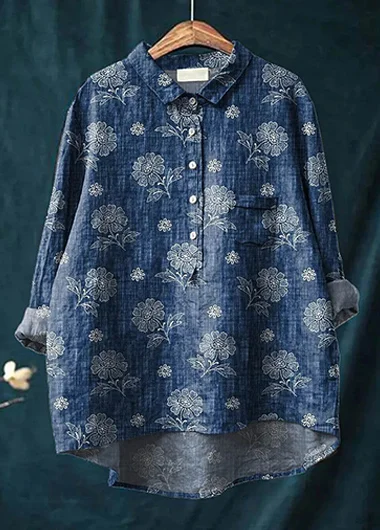 Women's Vintage Lovely Floral Art Print Casual Cotton And Linen Shirt
