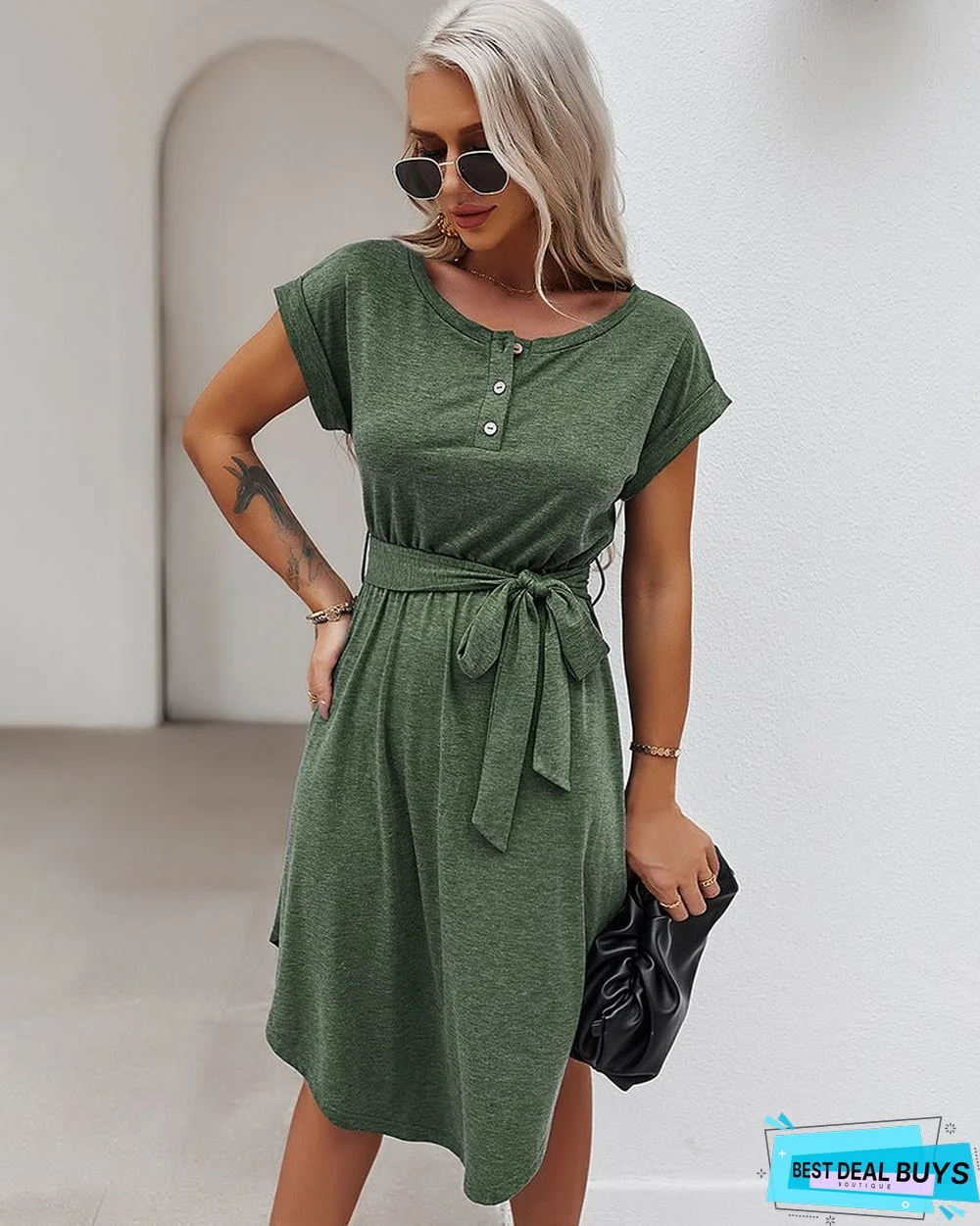 Net Color Dress Spring and Summer Short Sleeve Knitted Skirt Leisure Holiday Style