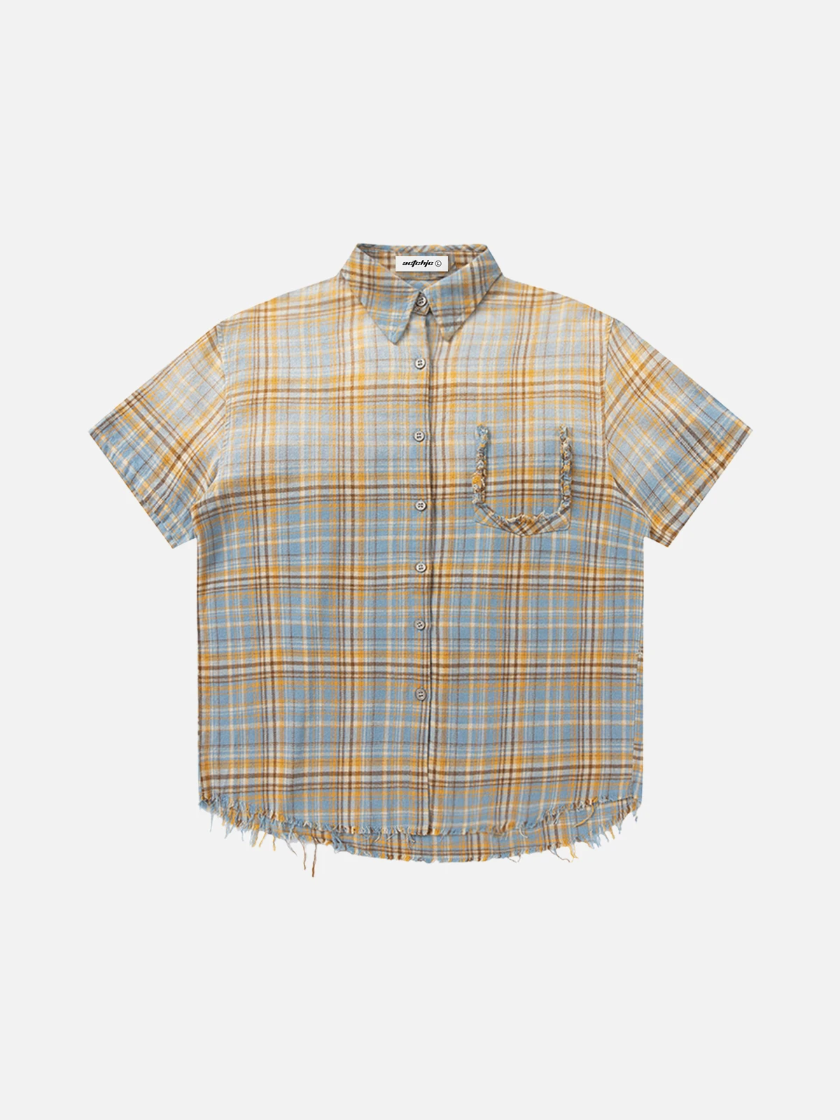 Yellow Gradient Plaid Fringe Short Sleeve Shirt Front