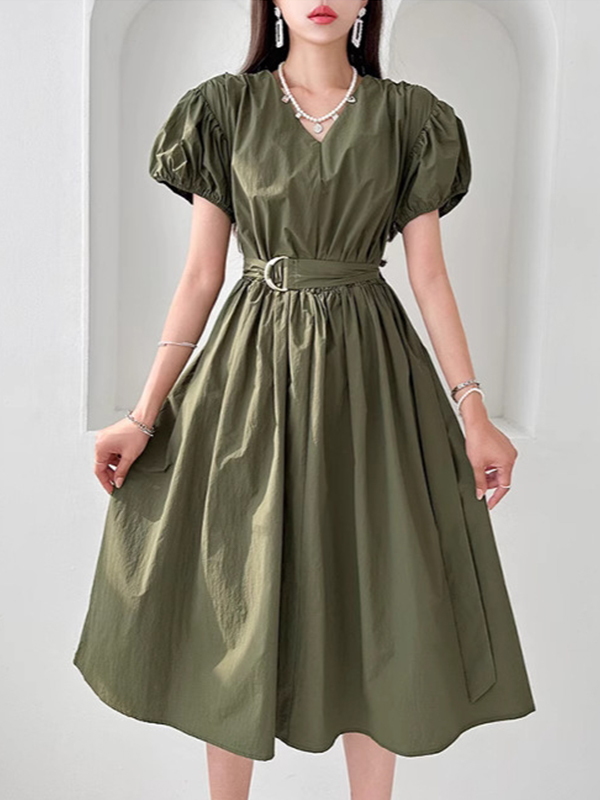 Puff Sleeve V Neck Belted Midi Dress