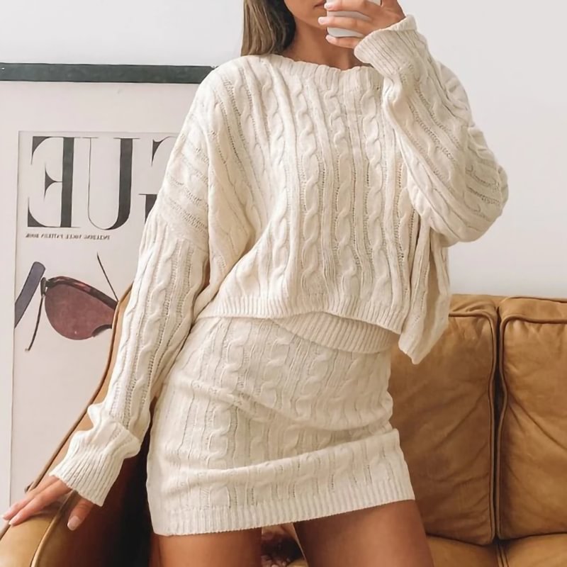 Long-Sleeved Top And Short Skirt Solid Color Loose Knit Set MusePointer
