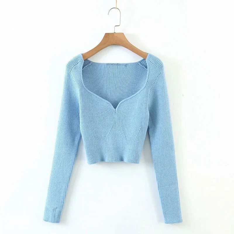 Toppies 2021 Autumn Sexy Cropped Thin Knitted Sweater Women Slim Square Collar Fit V-Neck Long Sleeve Pullovers