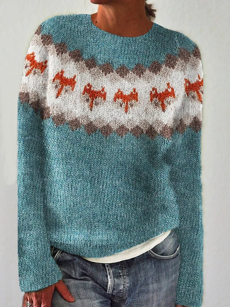 Comstylish Fox Inspired Knit Cozy Yoke Sweater