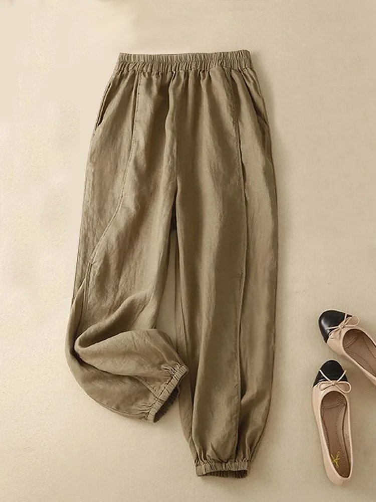 Women's Solid Color Elastic Waist Linen Cropped Pants Cuffed Bloomers