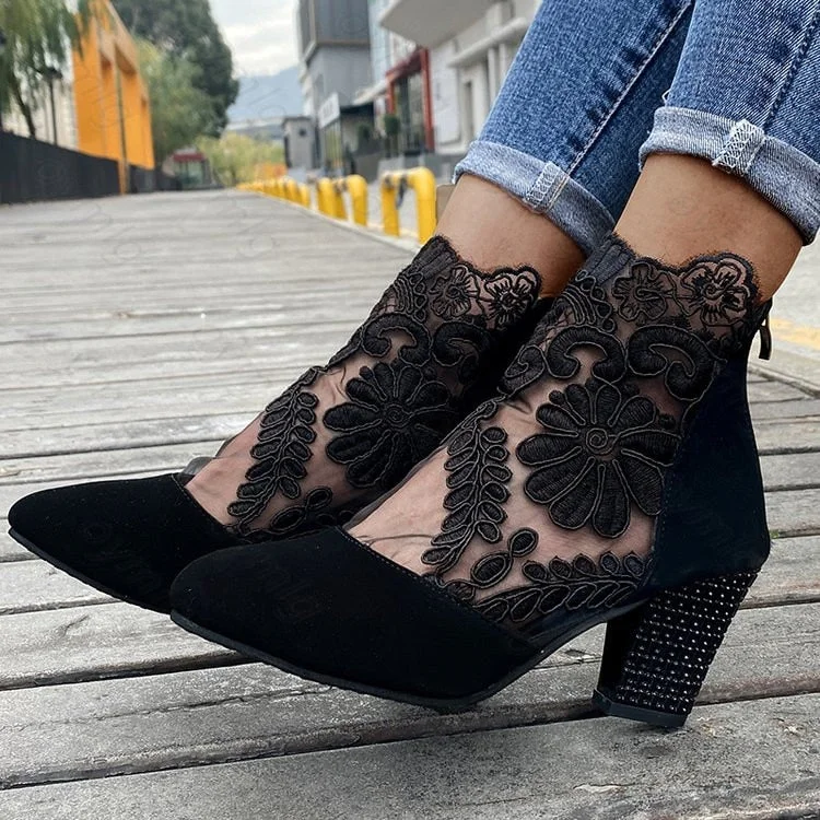 Fashion Women High Heels Lace Flower Ankle Strap Hollow Out Sandals Round Toe Zip Pumps Zapatos De Mujer Plataforma