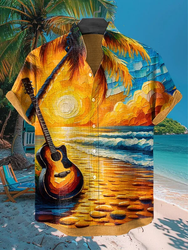 Men's Seaside Guitar Palm Tree Sunset Scenery Print Short Sleeve Shirt