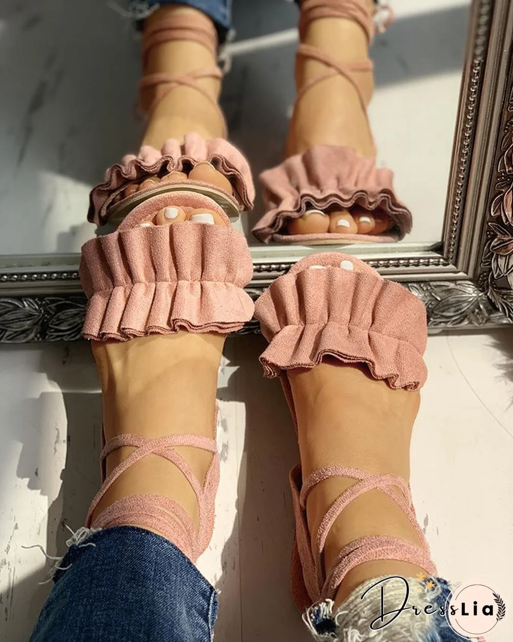 Suede Ruched Frill Hem Flat Sandals