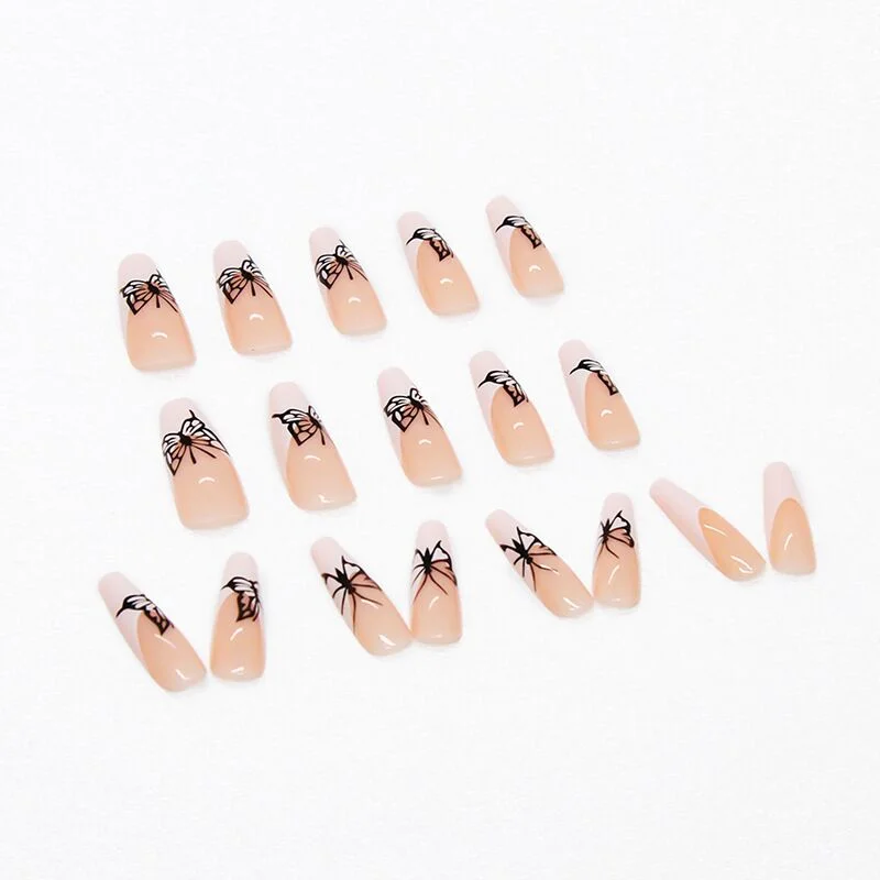 24pcs/Set French False Nails European Black Butterfly Pattern Press On Nails with Glue Beauty Ballerina Nail Makeup Art Tips-Nail Inspo