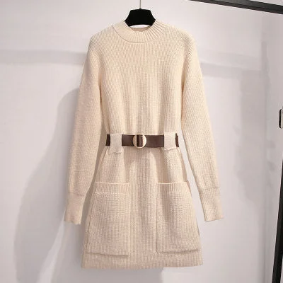 Girl Lantern Sleeves Solid Color Knitted Dress Women With Belt Long Sleeves Mid-length Pullover A-line Dress Female 2021 Spring