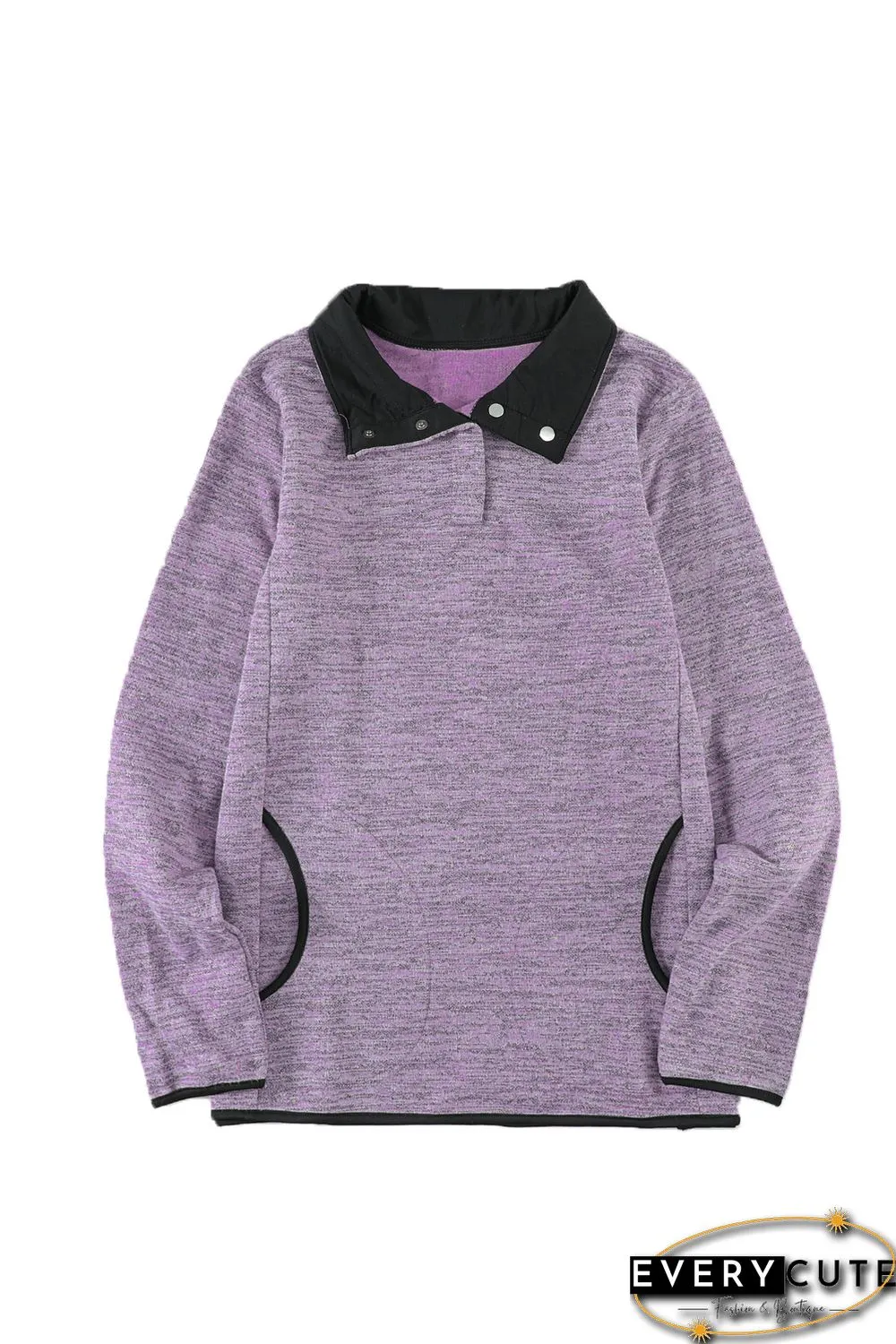 Purple Heathered Turn-down Collar Pullover Sweatshirt