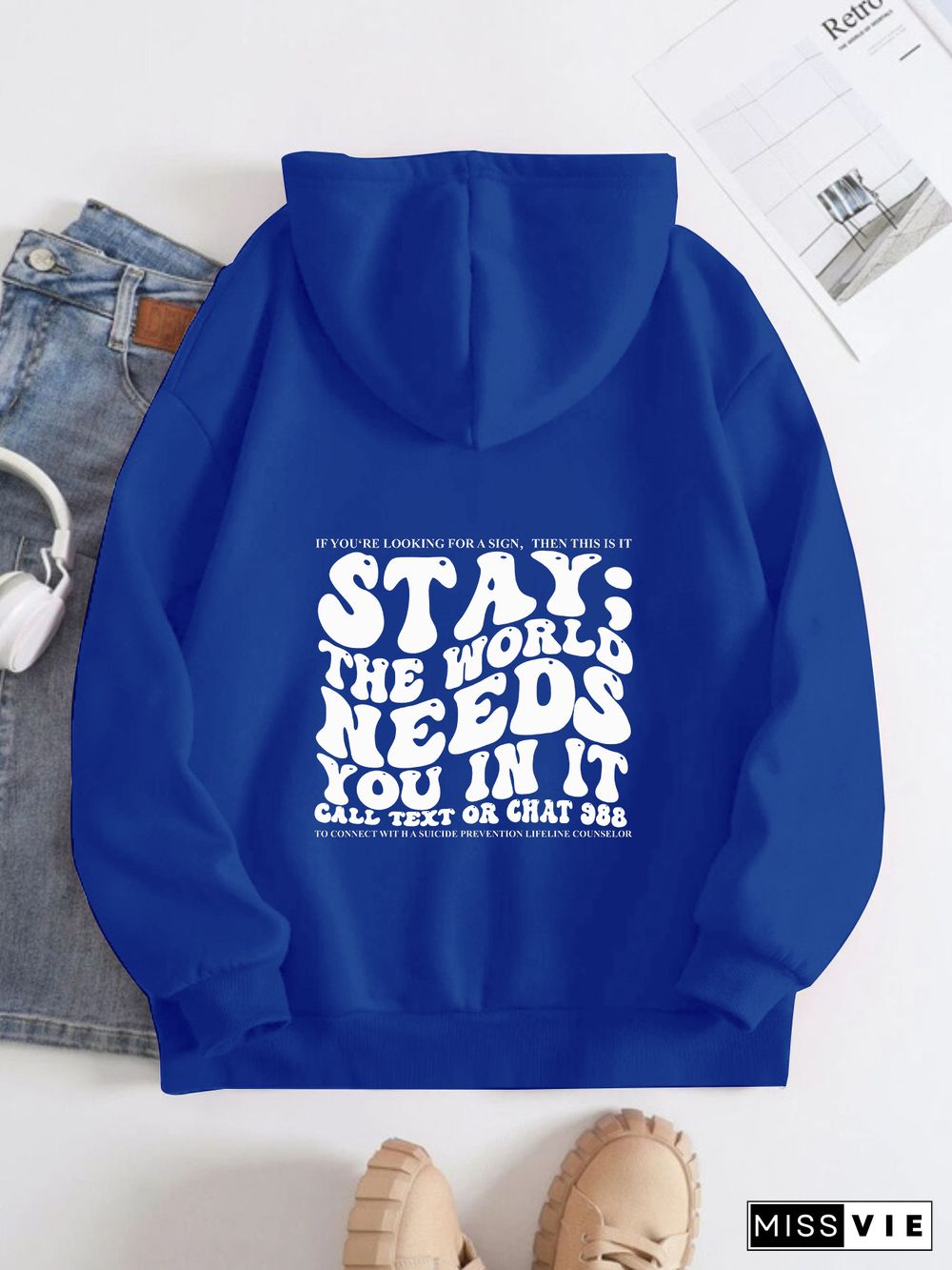 Printed Back Kangaroo Pocket Hoodie Long Sleeve for Women-Pattern Stay The World Needs