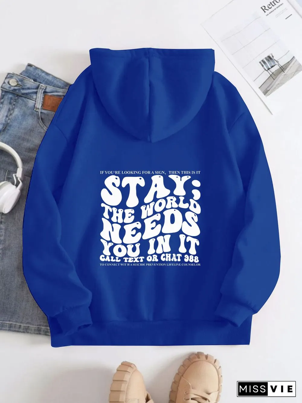Printed Back Kangaroo Pocket Hoodie Long Sleeve for Women-Pattern Stay The World Needs