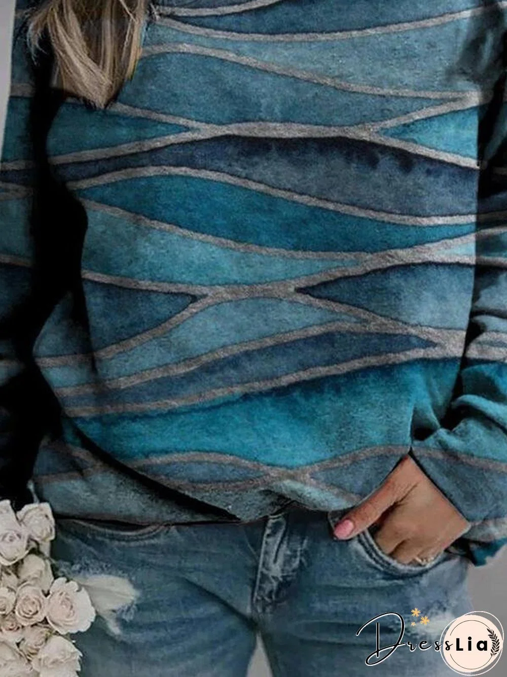 Women Casual Long Sleeve Abstract Wave Printed Crew Neck Sweatshirts