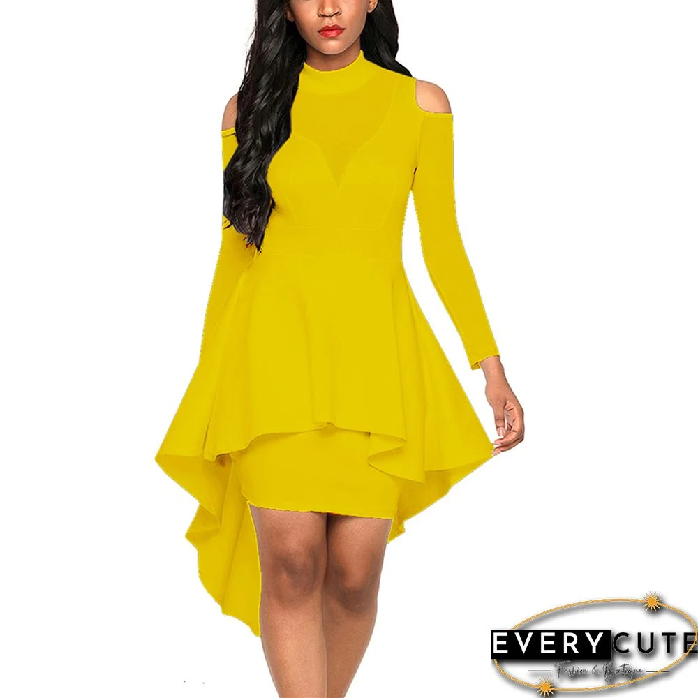 Yellow Sheer Mesh Trim Hi Lo Peplum Bodycon Dress
