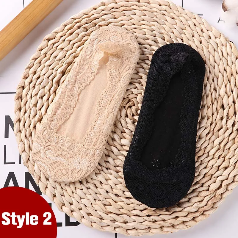 1/2 Pairs Fashion Women Girls Summer Socks Style Lace Flower No Show Short Sock Antiskid Invisible Ankle 2021 Sox Sock Slippers