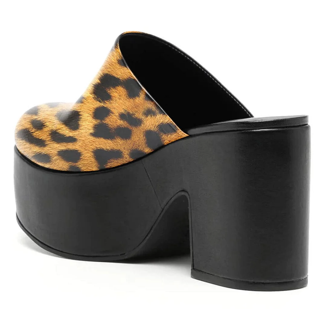 Leopard Print Block Heel Platform Round Toe Mules for Women