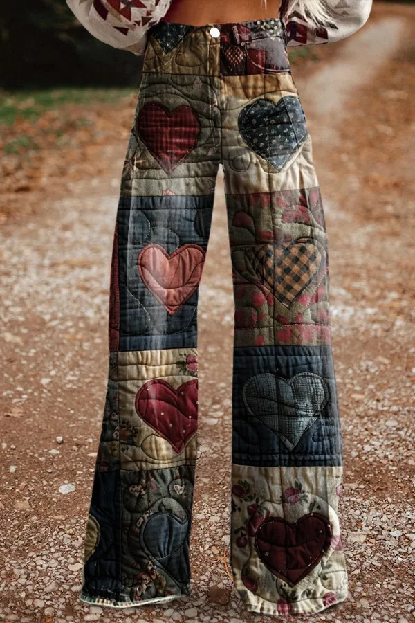 Women's Retro Floral Heart Casual Wide Leg Pants