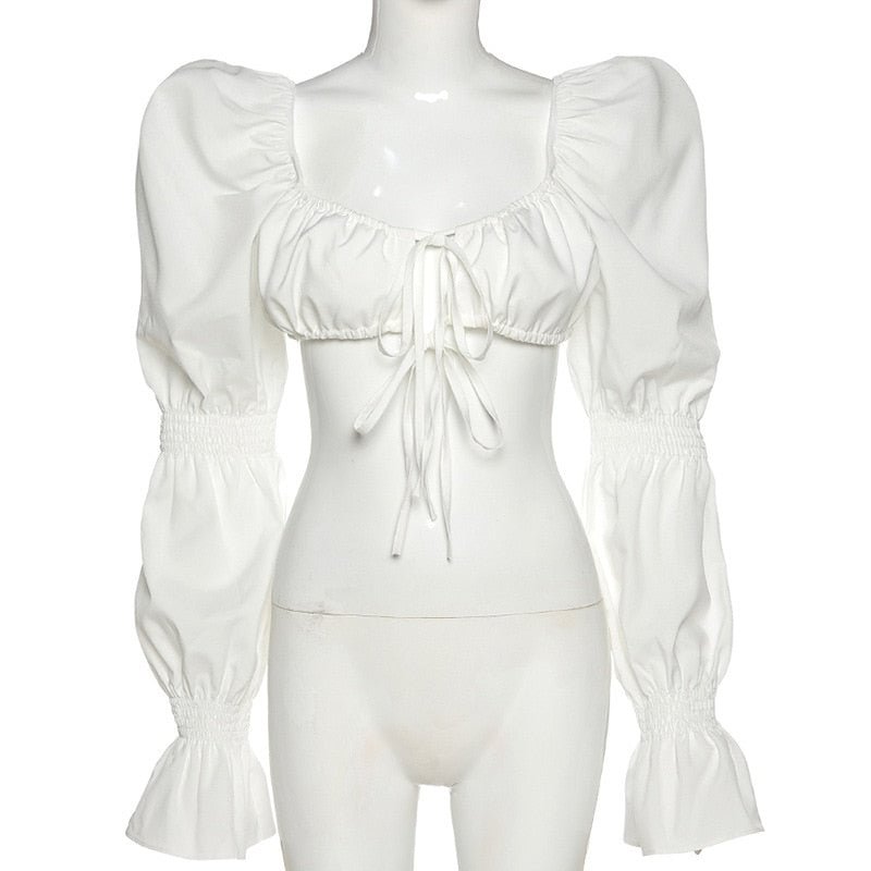 Dulzura puff long sleeve ruffle lace up women crop top shirts elegant ruched hollow out 2020 autumn winter clothes party Korea