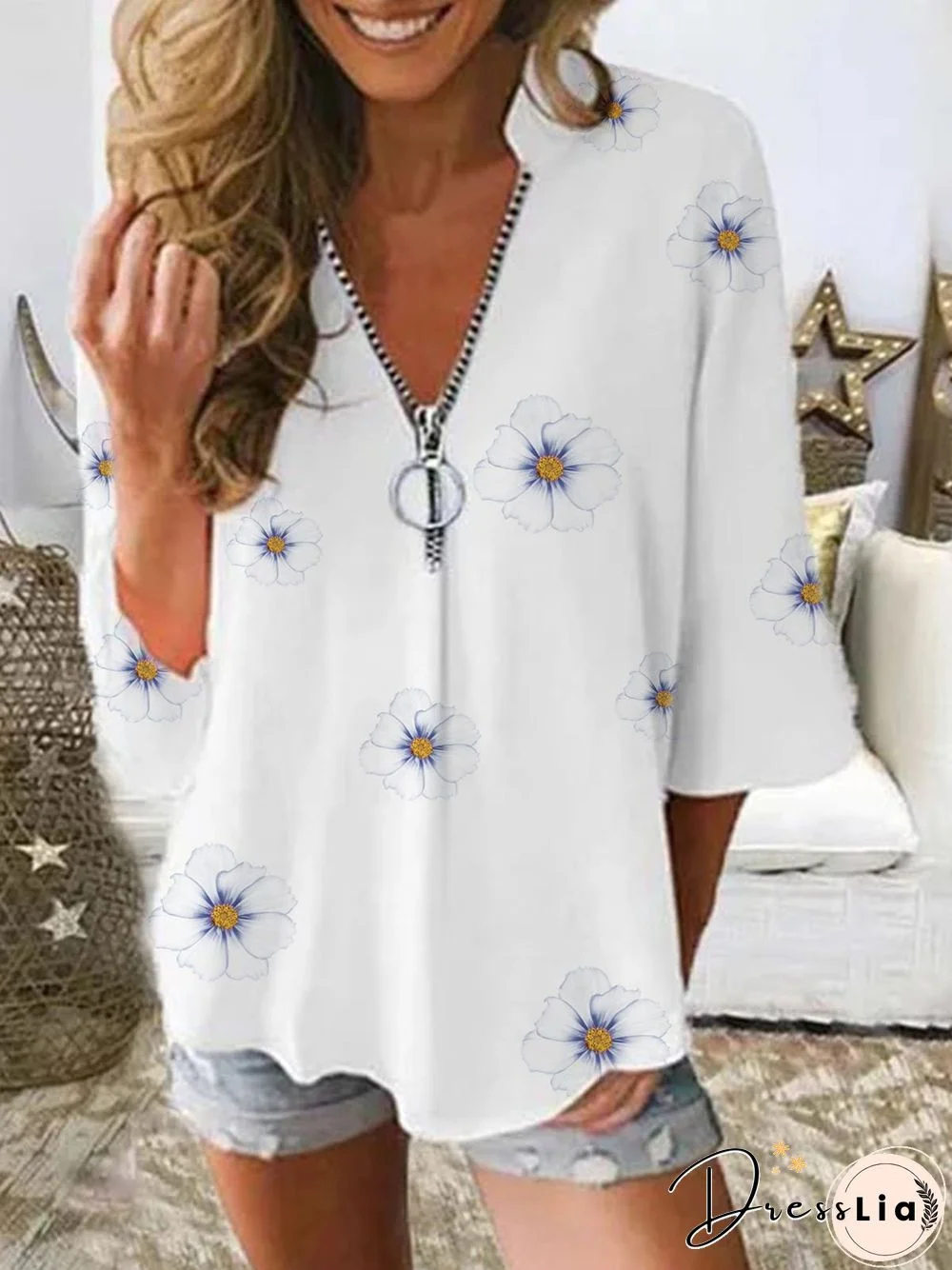 Floral-Print Half Sleeve Casual V Neck Tops