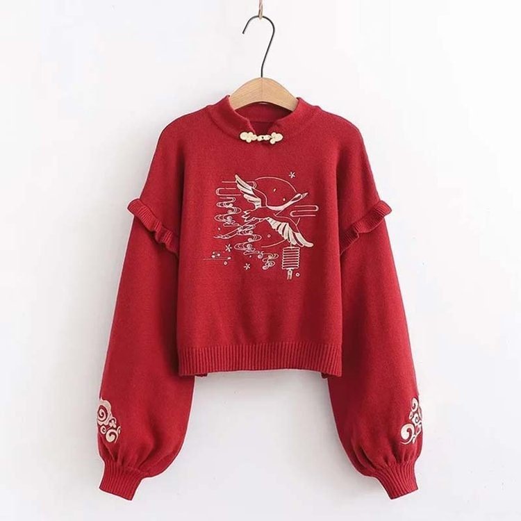 Vintage Embroidery Buckle Wave-Like Sleeve Crane Printed  Sweater