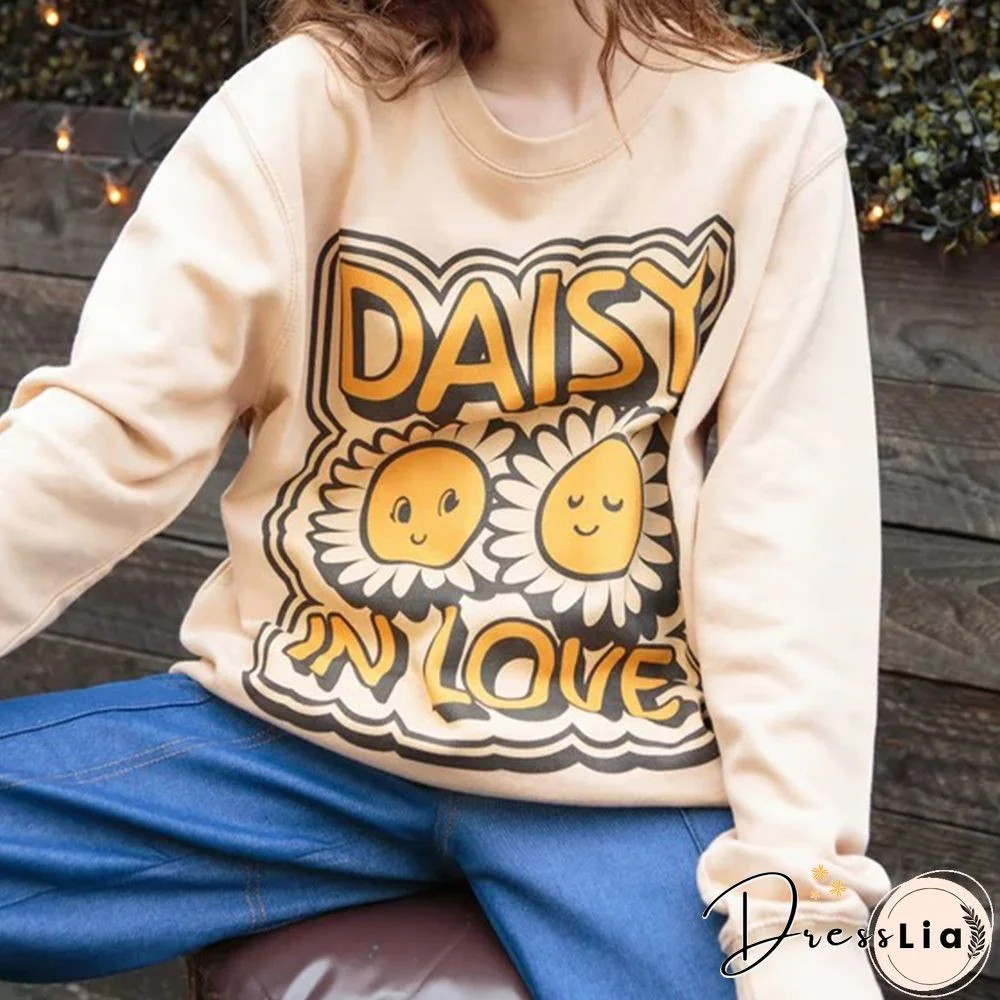 Daisy In Love Print Vintage Long Sleeve Casual Sweatshirt