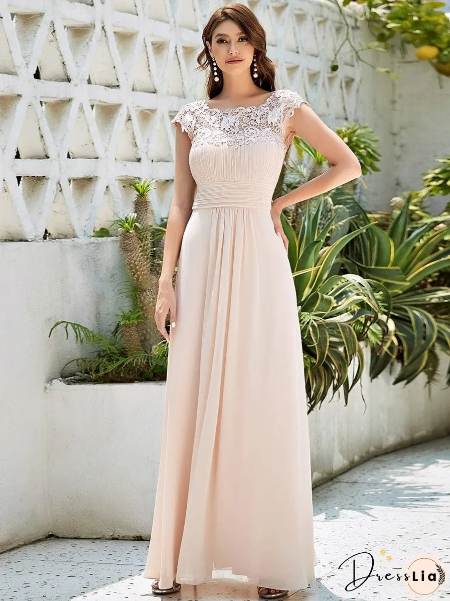 Elegant Lace Cap Sleeve Chiffon Evening Gown with Rhinestone-Embellished Neckline