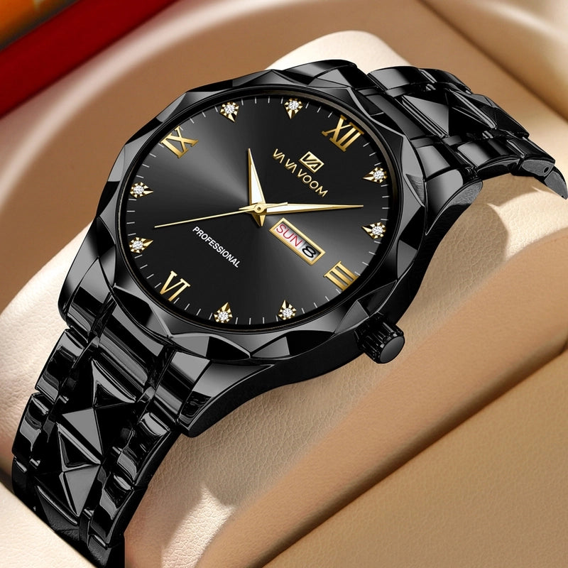 Diamond Stainless Steel Watch With Men’s Business Simple Calendar Quartz Waterproof Watch One-piece Delivery