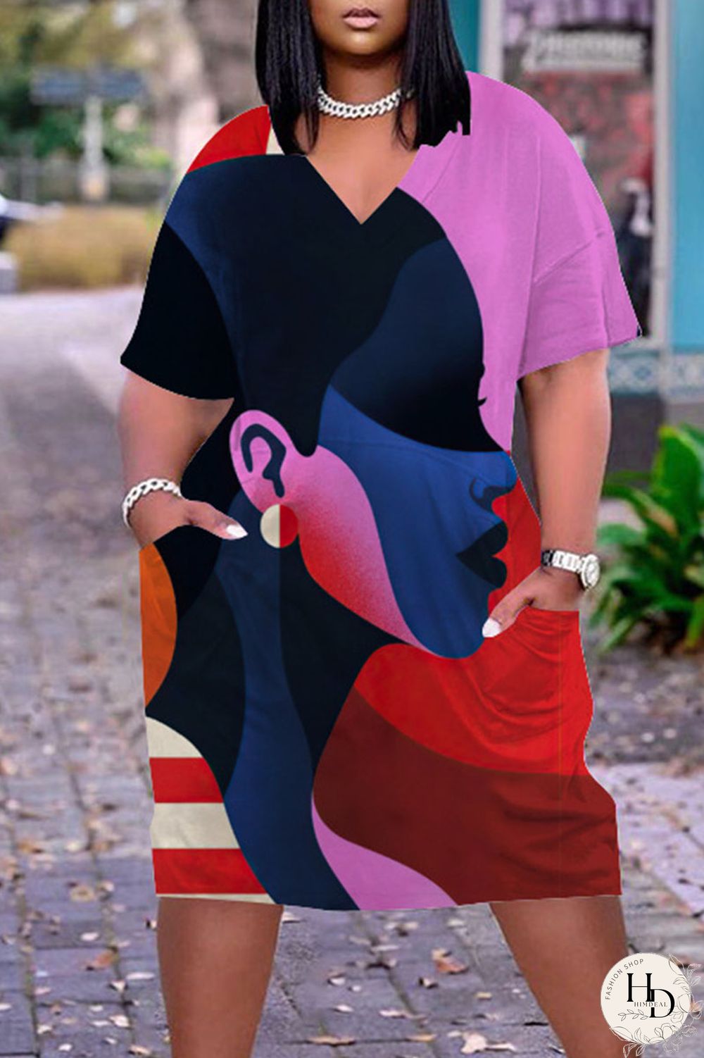 Multicolor Casual Street Print Patchwork V Neck Straight Dresses