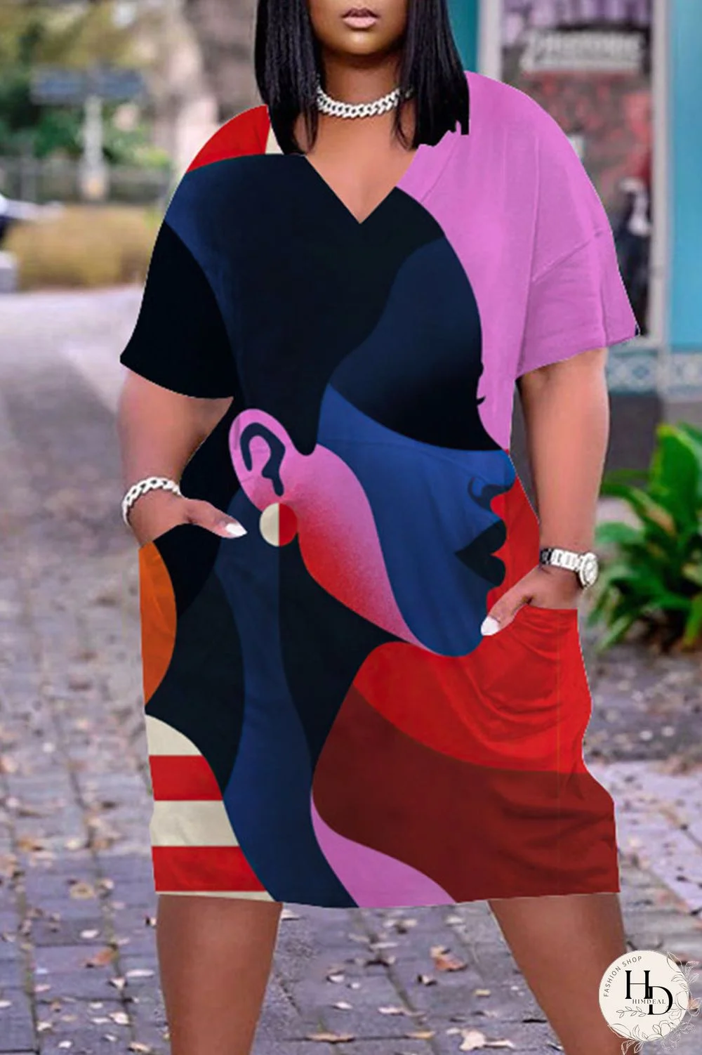 Multicolor Casual Street Print Patchwork V Neck Straight Dresses