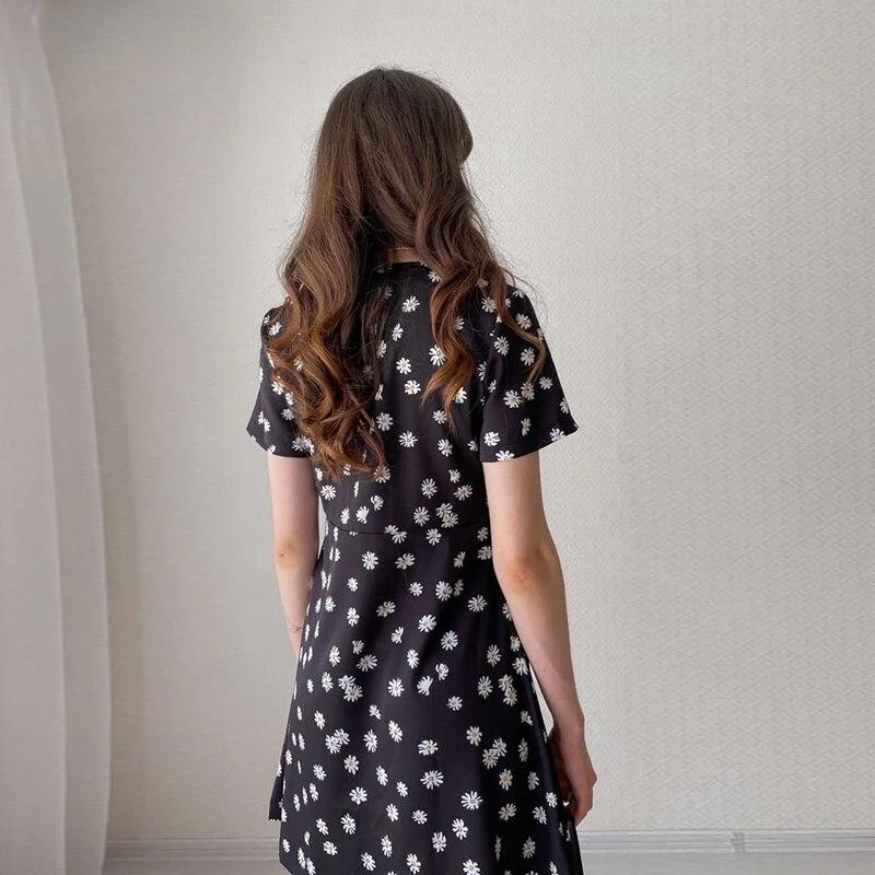 CHURSES Women Casual A-line Print V-neck Button Short Sleeve Mini Dress Black 2021 New Fashion Summer Sexy Dress